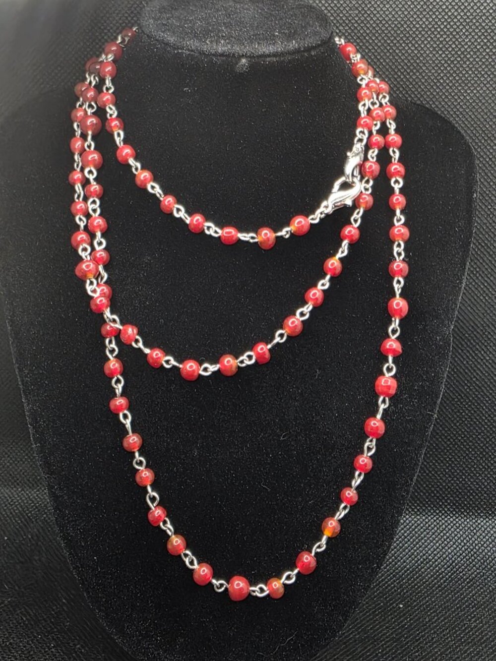 Multi-Functional Red Glass Beaded 3-in-1 Rosary Chain Lanyard & Necklace - Picture 2 of 8